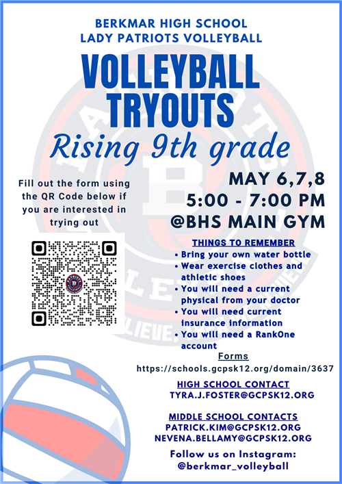 Volleyball Tryouts for current 8th graders will be on May 6, 7, and 8 at Berkmar High School
